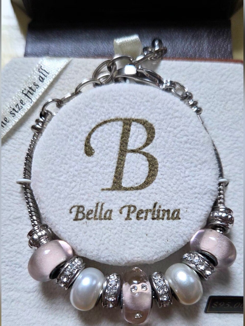 Bella Perlina Charm Bracelet Pink Crystals Pearls Adjustable Silver